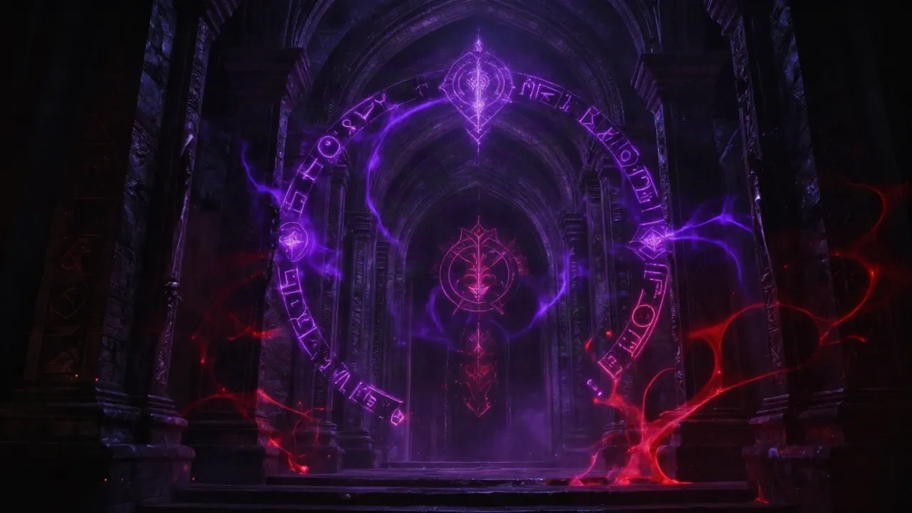 Portal arcánico oscuro de fantasía con runas y sigils demoníacos brillantes