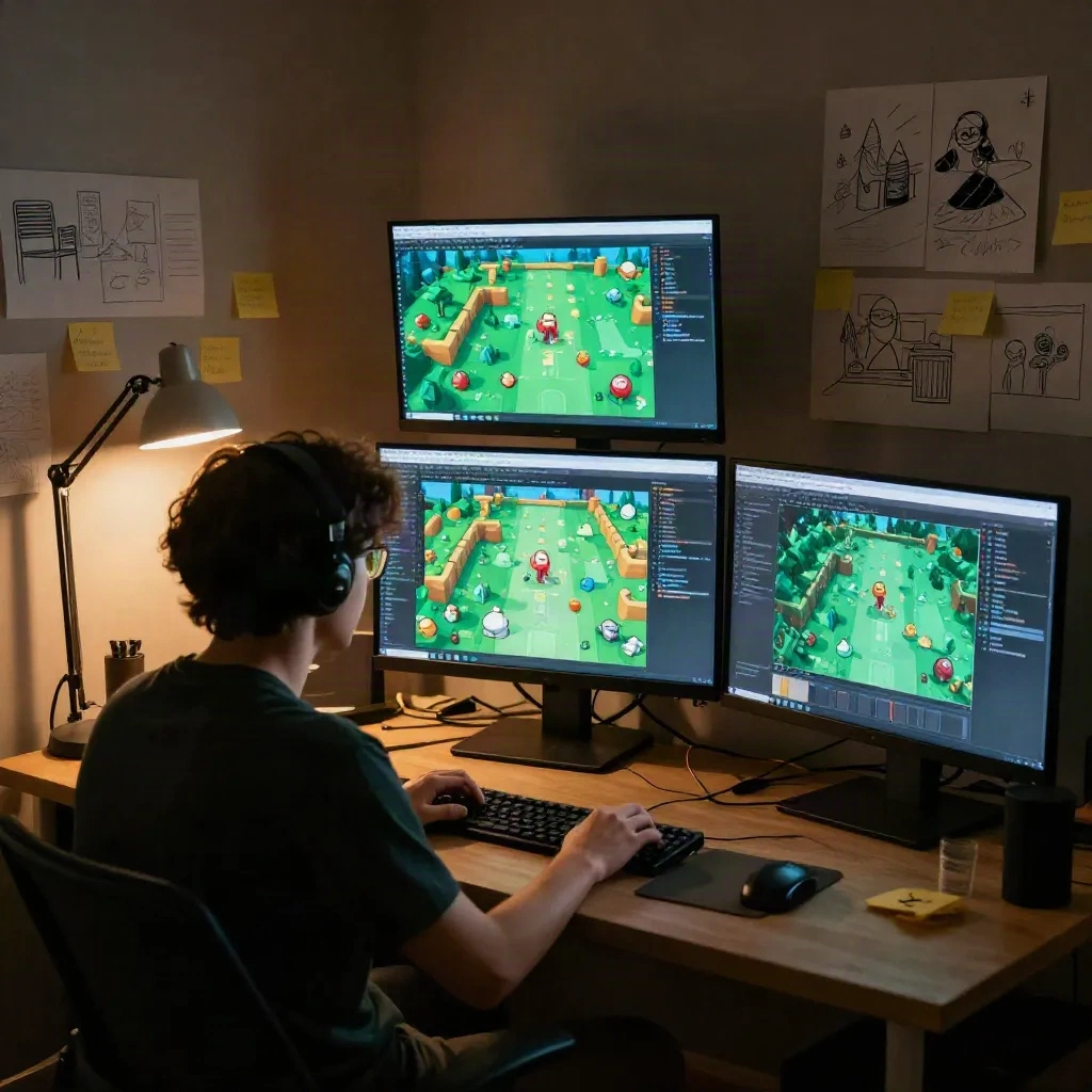 Solo indie game developer working at night with multiple screens showing procedurally generated world maps