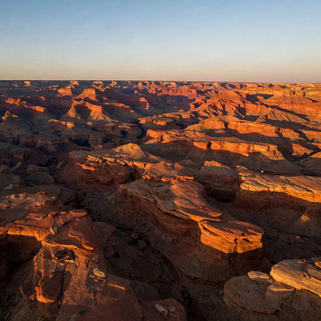 Aerial drone shot of a desert canyon world at golden hour, generated from an AI video prompt