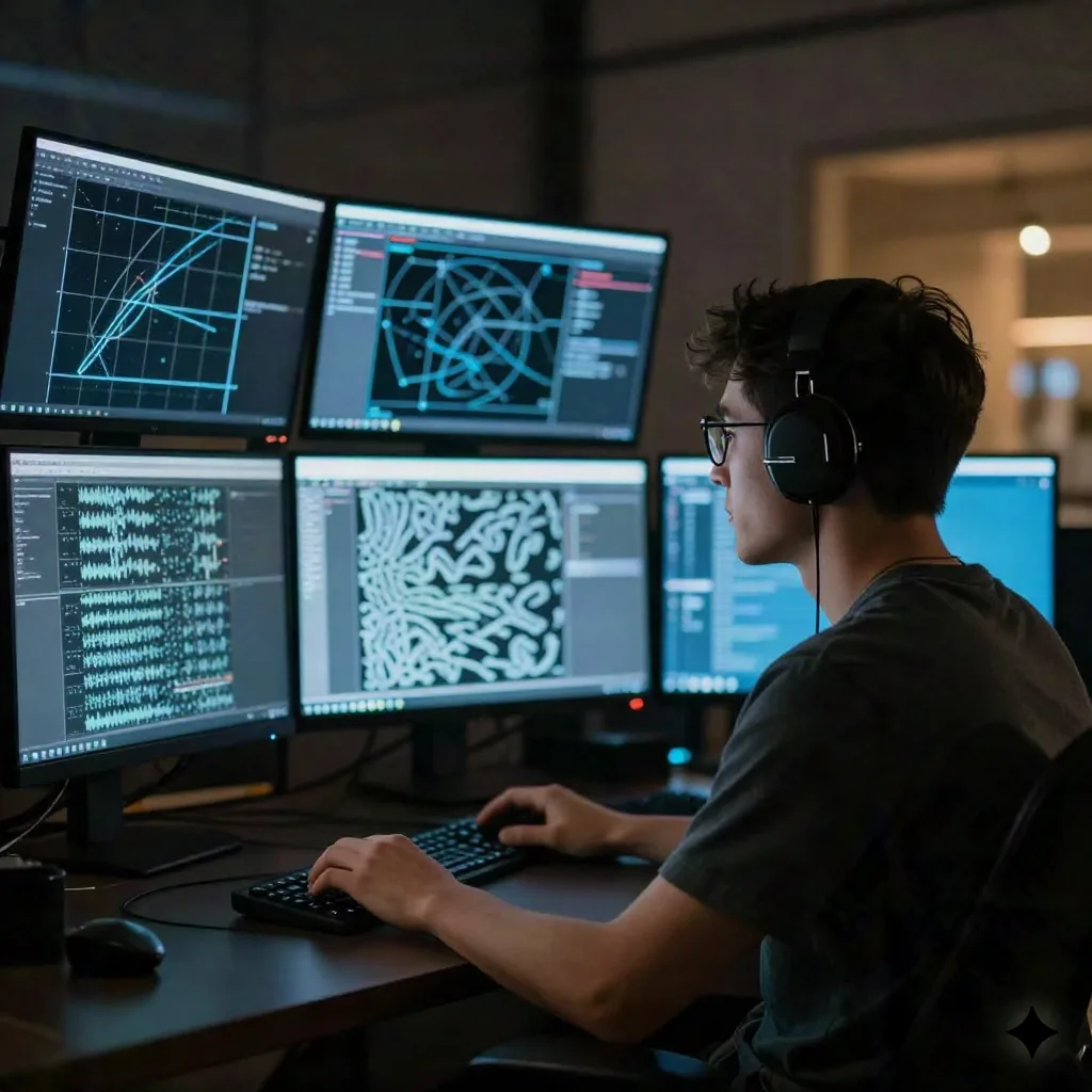 Creative technologist at a dark workstation with multiple screens showing abstract mathematical noise fields resolving into imagery