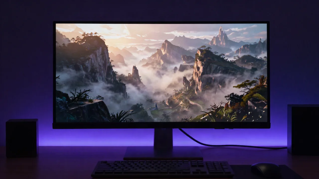 Schreibtisch-Setup bei Nacht mit einem Monitor, auf dem eine neblig-düstere KI-generierte Bergtal-Szene gerendert wird