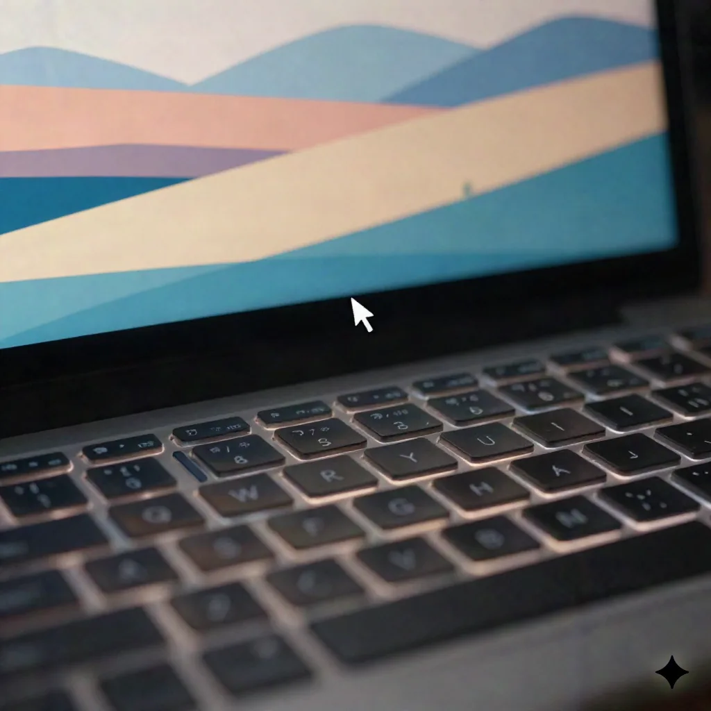 Close-up of a keyboard with glowing keys, abstract animated landscape being generated from a prompt on screen behind it