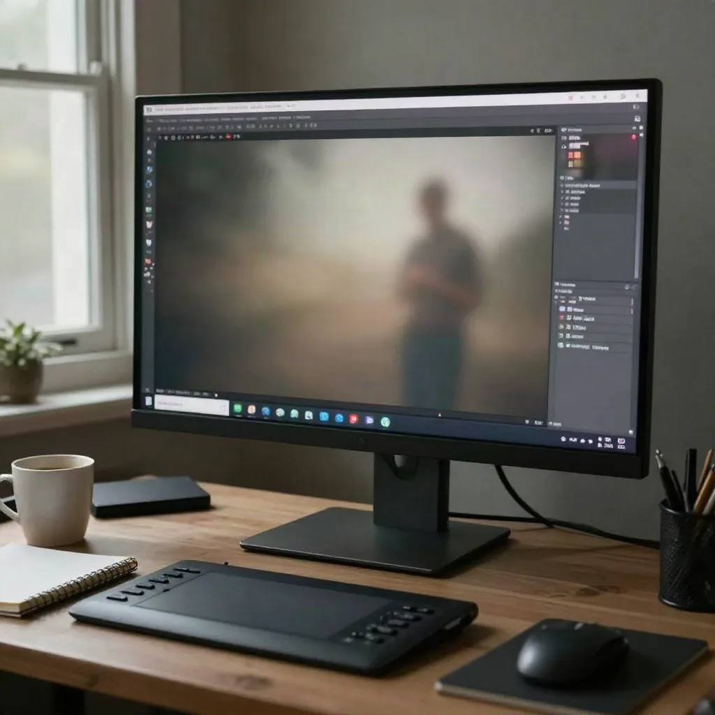 A monitor showing a blurry, over-processed AI video render with washed-out colors