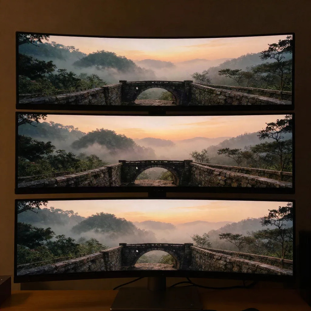 Three monitors showing the same AI-generated valley world from different camera angles