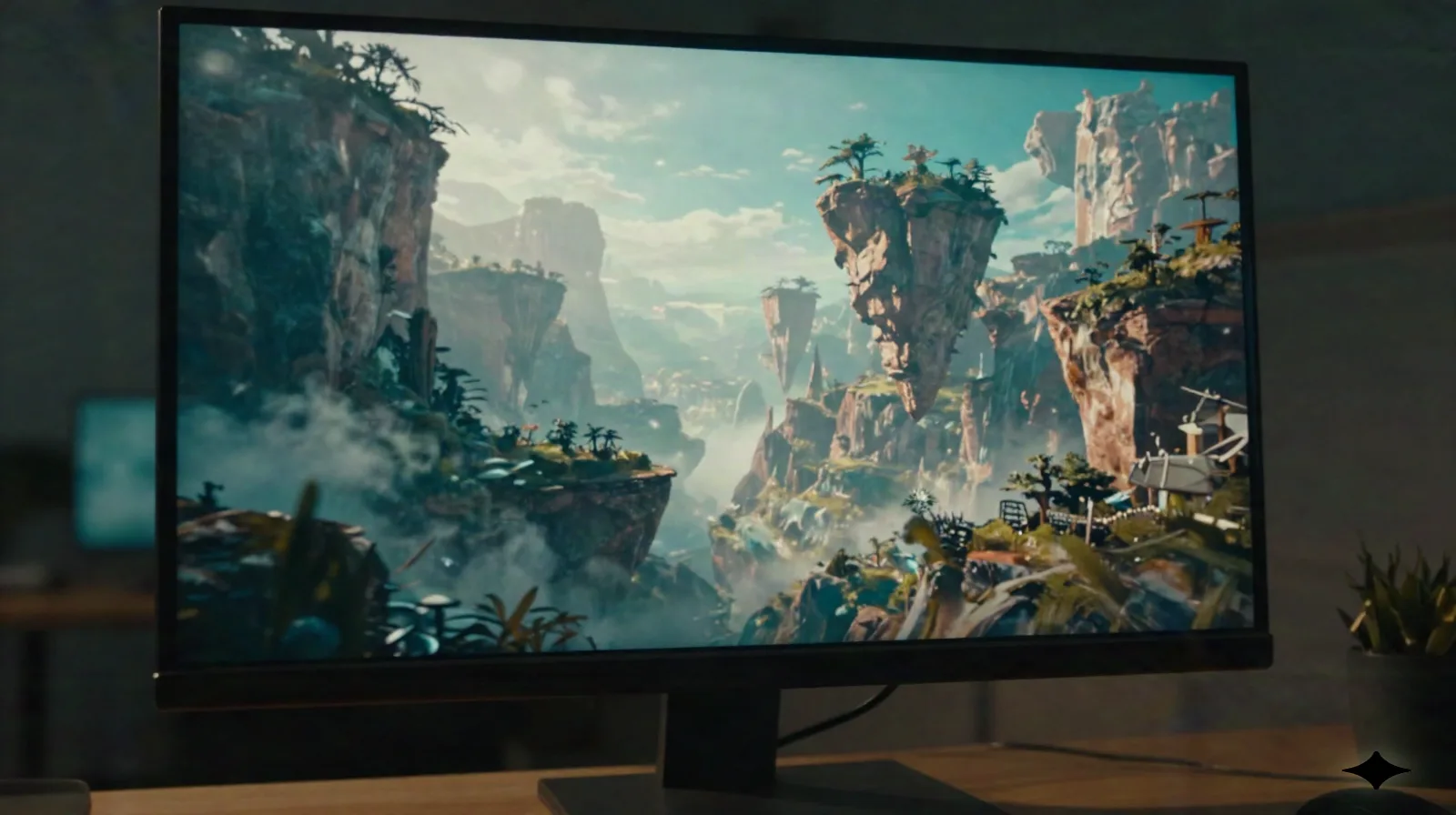Monitor showing an AI-generated fantasy landscape mid-render with camera pan motion blur