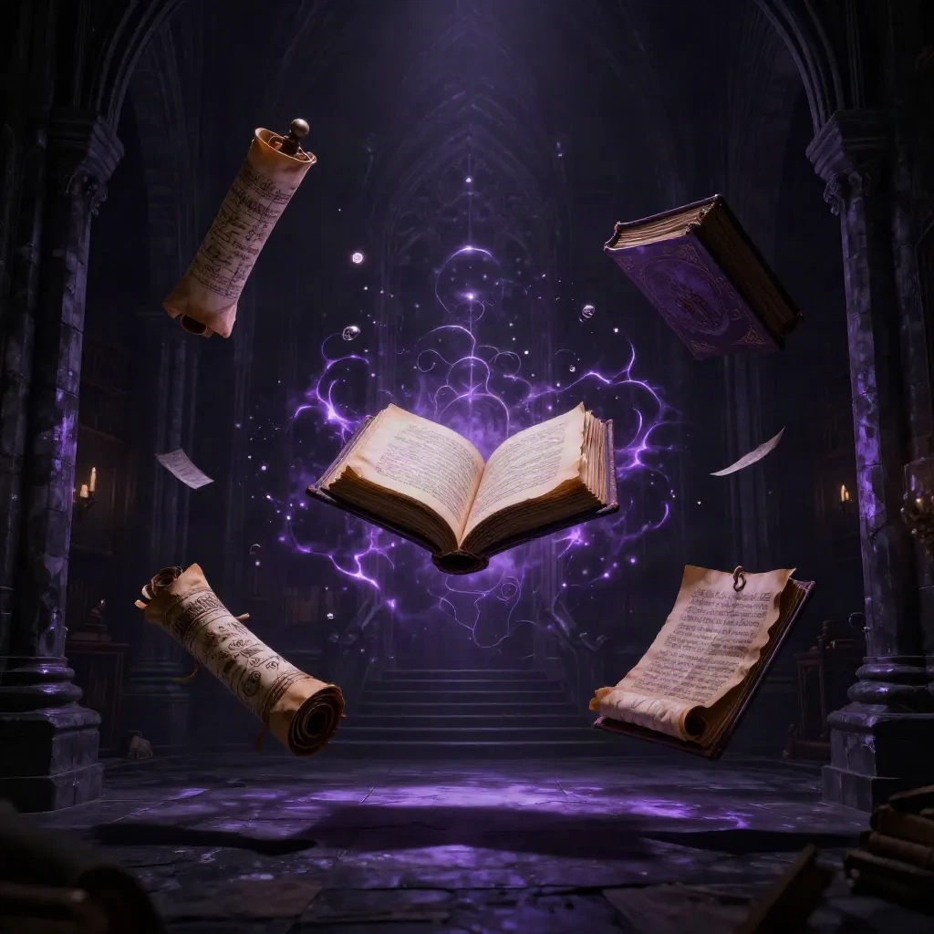 Dark fantasy library with floating books and ancient demonic scrolls