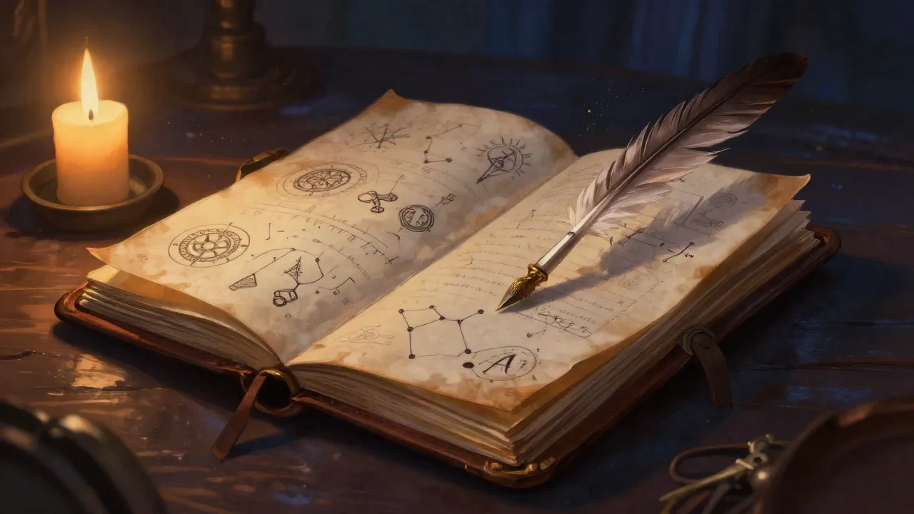 Ein lederner Tagebuch-Einband offen auf einer Seite mit handgezeichneten Fantasy-Siegeln, erleuchtet von Kerzenlicht