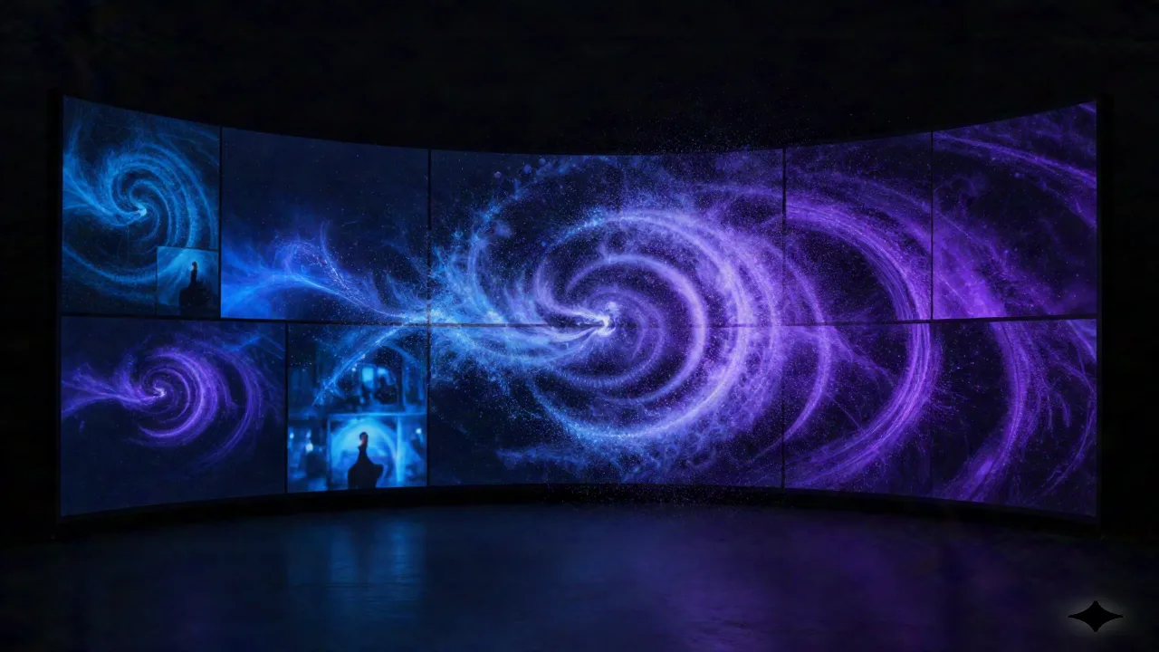 Visualisation abstraite de la génération vidéo par IA, bruit de particules tourbillonnant s'effondrant en frames vidéo cohérents dans un environnement sombre de studio
