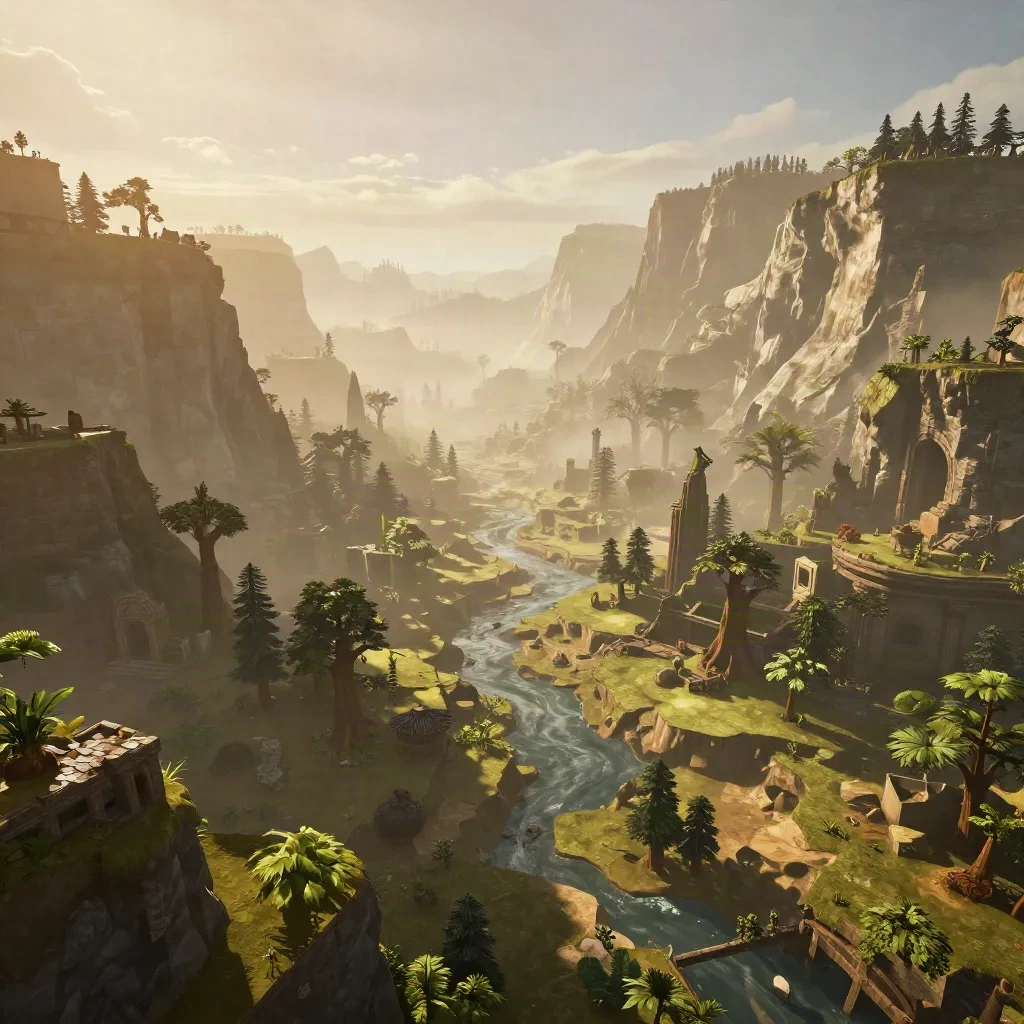 Breathtaking procedurally generated open world landscape with mountains, forests, and ancient ruins at golden hour