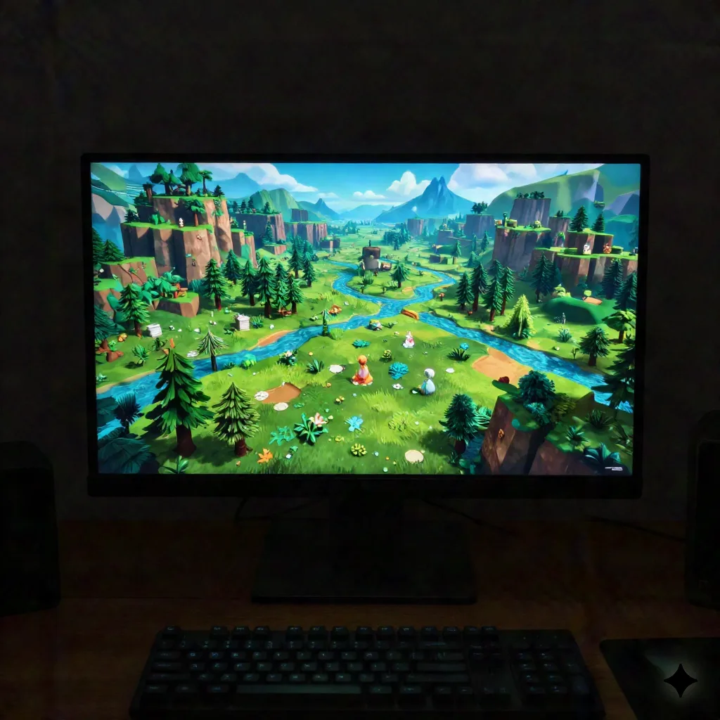Overhead view of a monitor showing a procedurally generated 3D landscape with mountains and forests, indie game developer workspace
