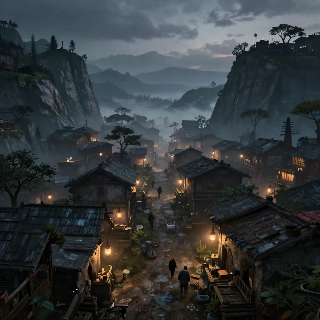 Un villaggio di montagna nebbioso al tramonto, il tipo di scena che un engine di gioco deve renderizzare
