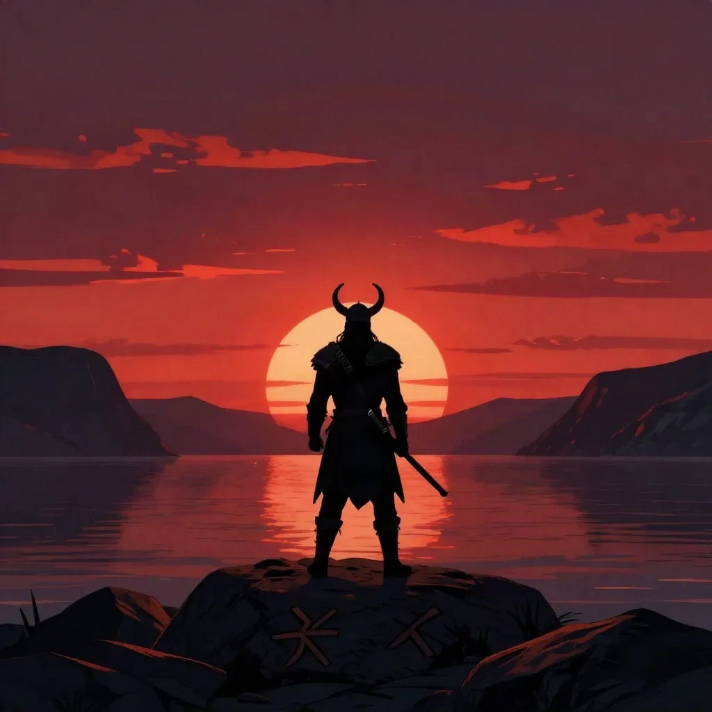 Silhouette di guerriero vichingo al tramonto su un fiordo nordico con incisioni runiche