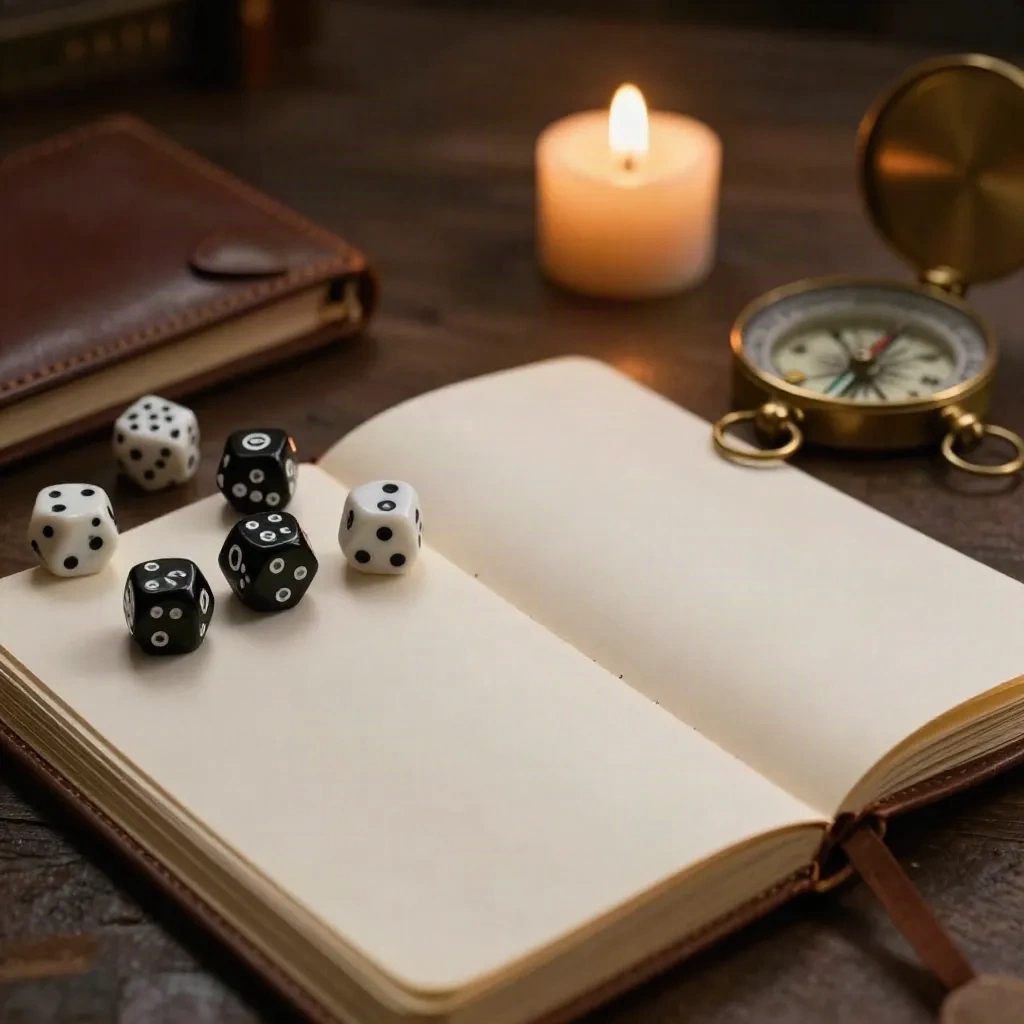 Dice and a blank journal page beside a compass, ready for a new character