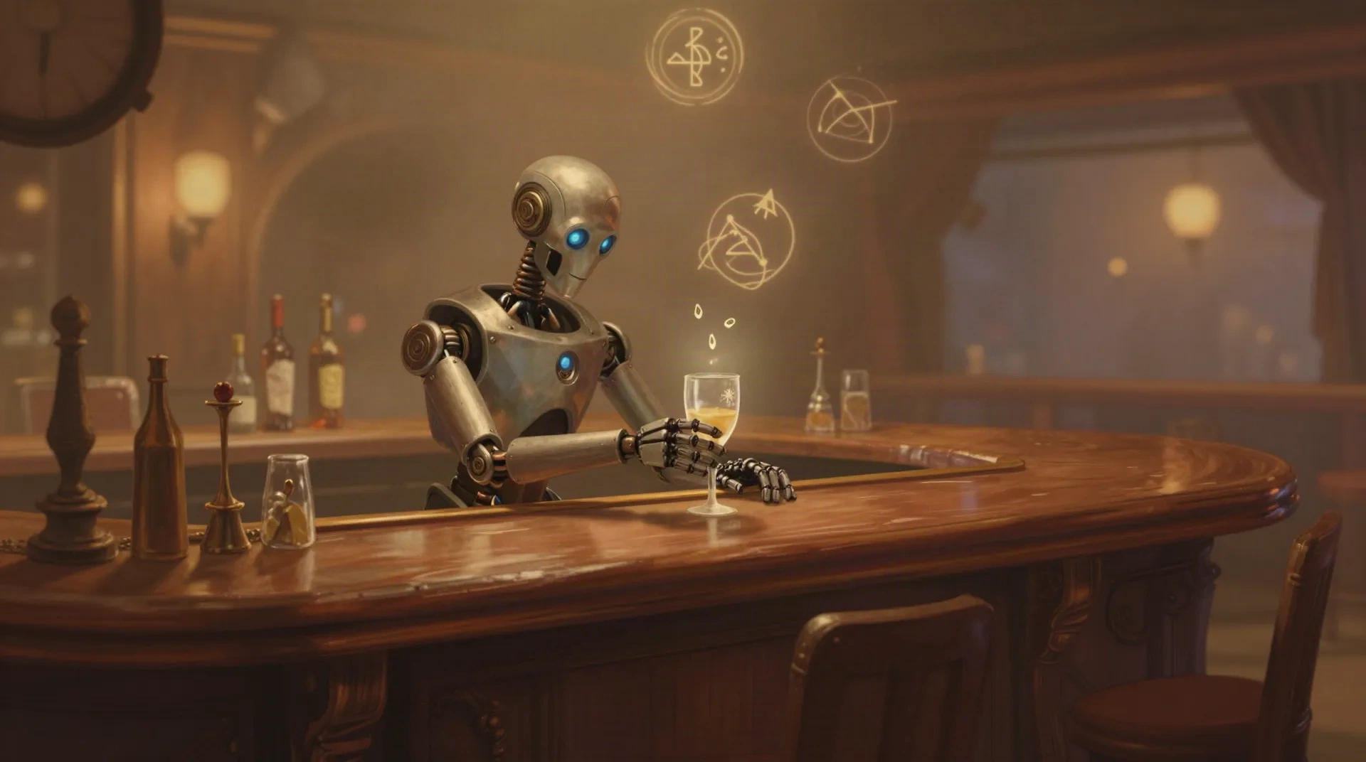 A robotic bartender in a foggy 1920s-style fantasy tavern, generated from a text prompt