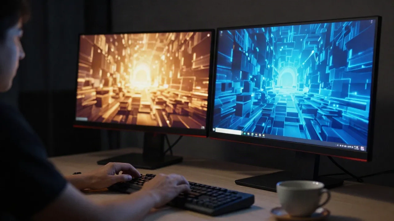 Ein Schreibtisch eines Solo-Entwicklers mit zwei Monitoren in warmen und kühlen Farben leuchtend, eine Game-Engine-Wahl in Vorbereitung