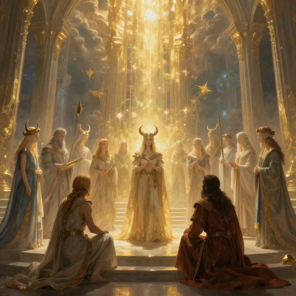 Antichi dei norreni riuniti nella sala di Asgard con luce dorata eterea