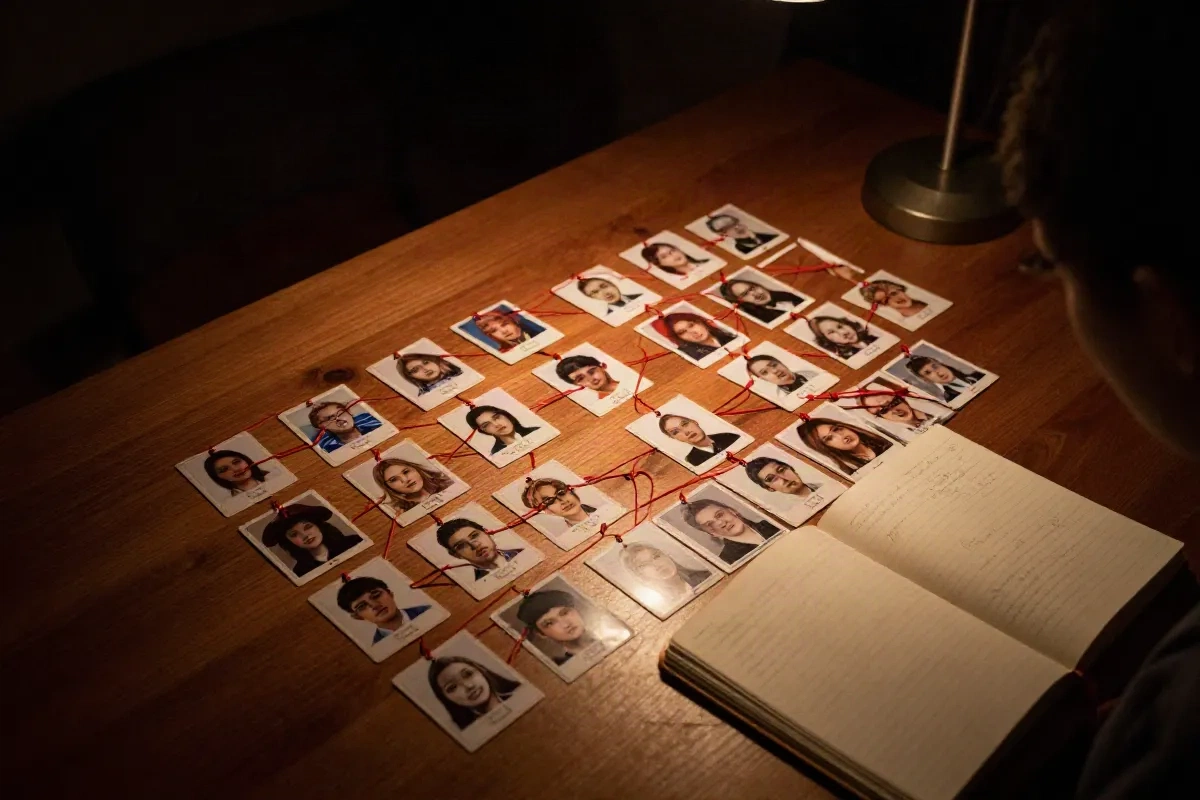A writer's desk with AI-generated character portraits connected by string, mapping a story's cast