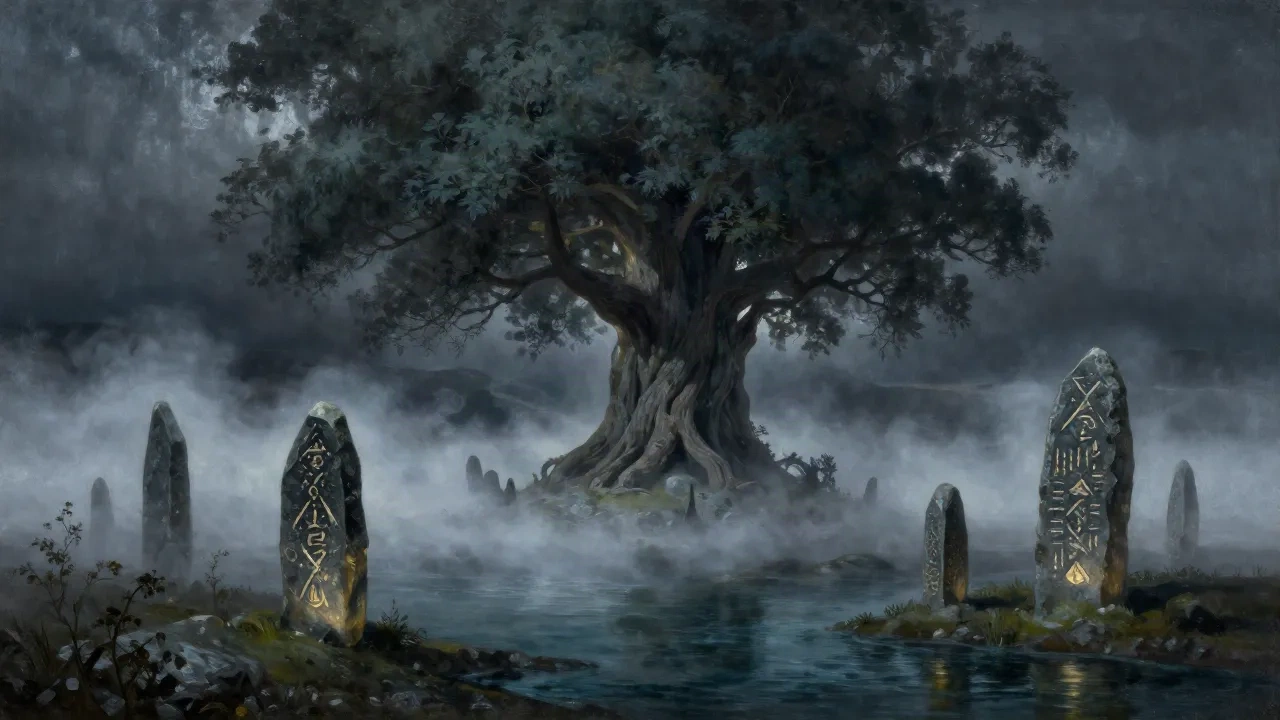 Yggdrasil, l'albero del mondo, si erge da un fiordo nordico nebbioso con pietre runiche luminose