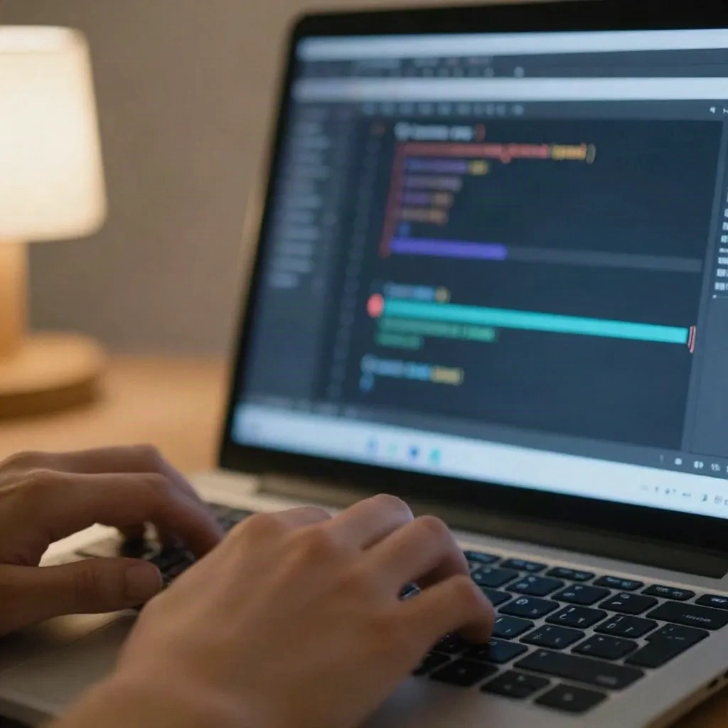 Mani su una tastiera laptop mentre un progetto viene compilato tardi la sera