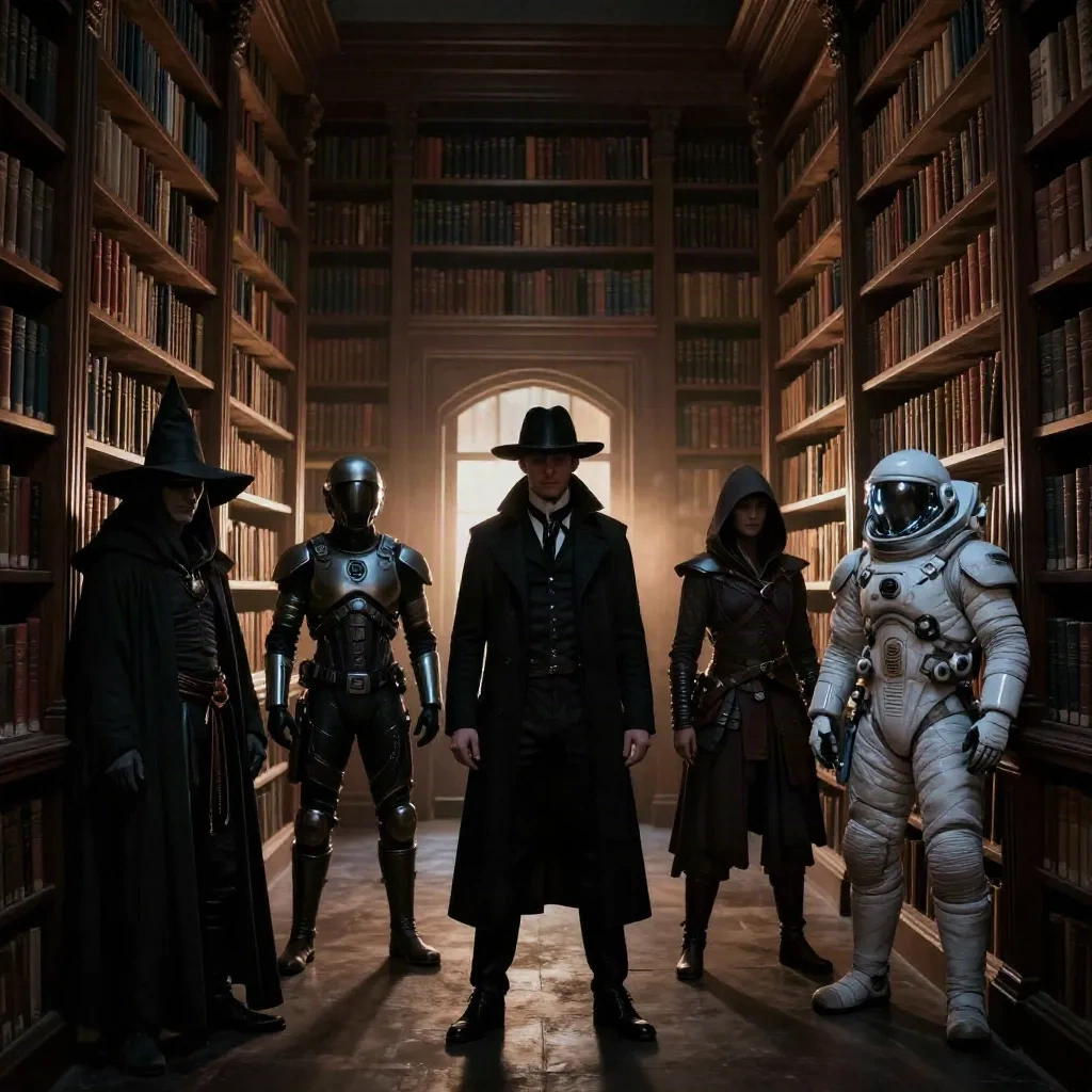 Distinct fictional characters silhouetted in a grand library representing character voice in fanfiction