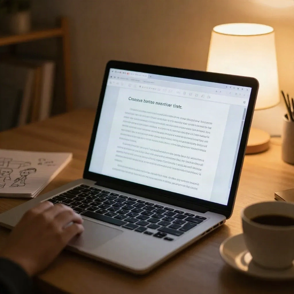 Laptop with writing document and character notes in a cozy apartment for sharing fanfiction