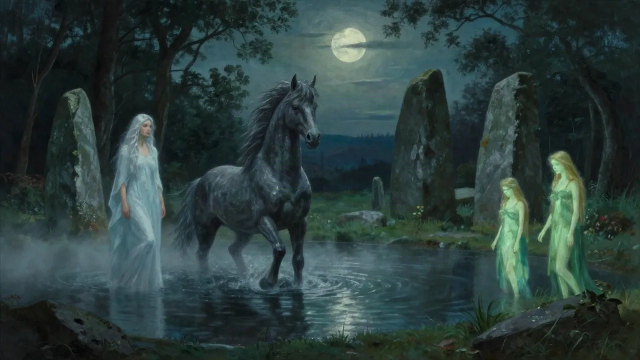 Criaturas de la mitología celta emergiendo entre niebla y paisaje céltico