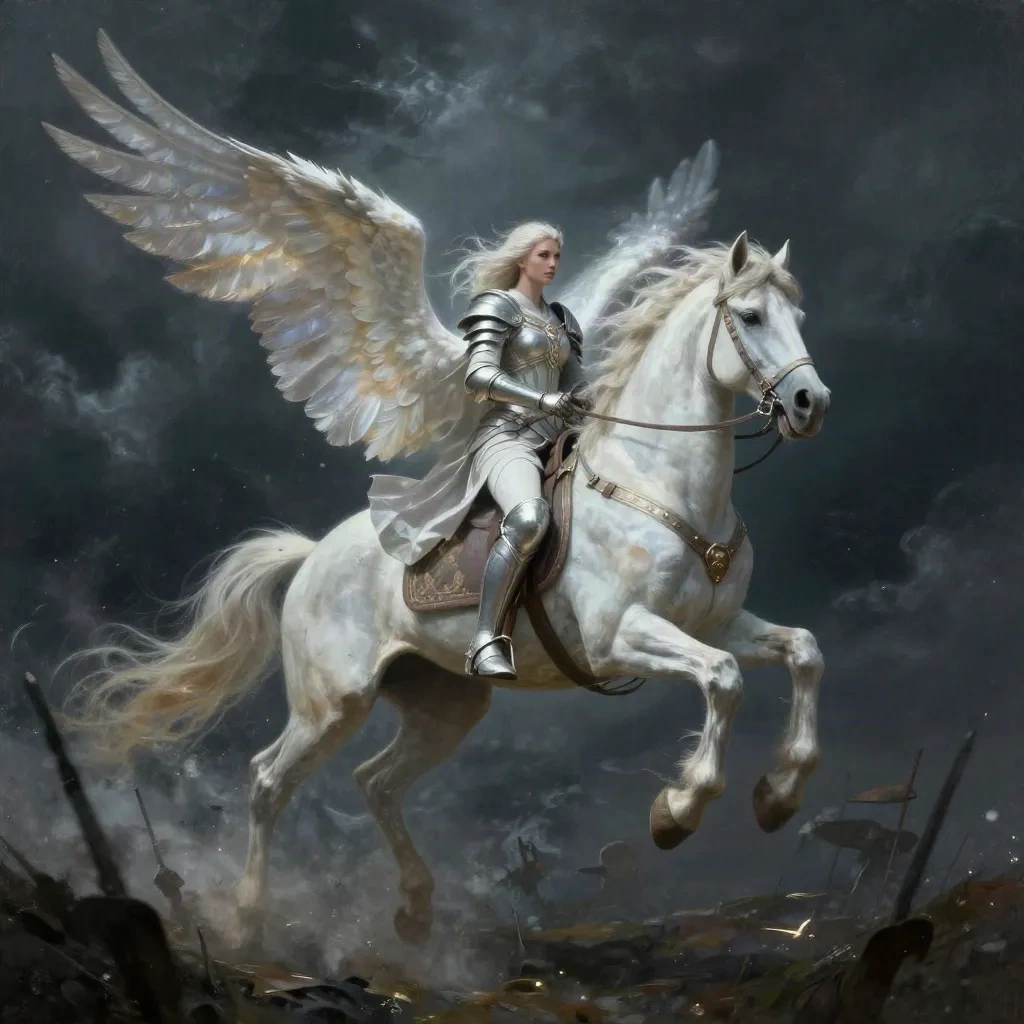 Valchiria guerriera a cavallo tra le nuvole di tempesta nella mitologia norrena