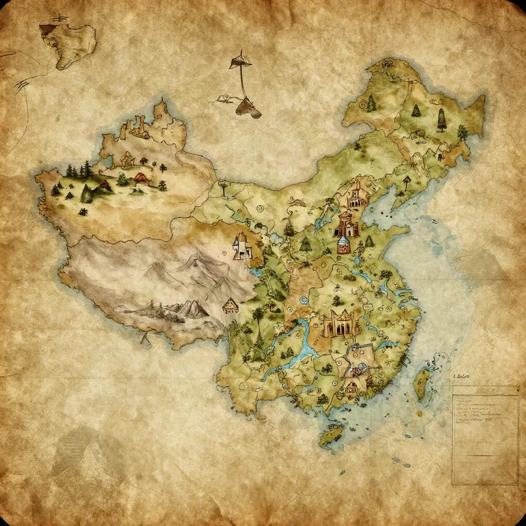 Hand-drawn fantasy world map on aged parchment showing different cultural regions