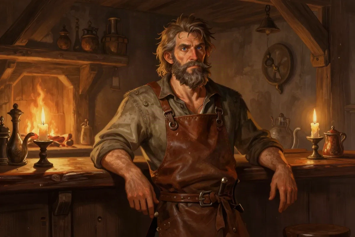 A weathered tavern keeper character generated from a text prompt for a tabletop RPG world