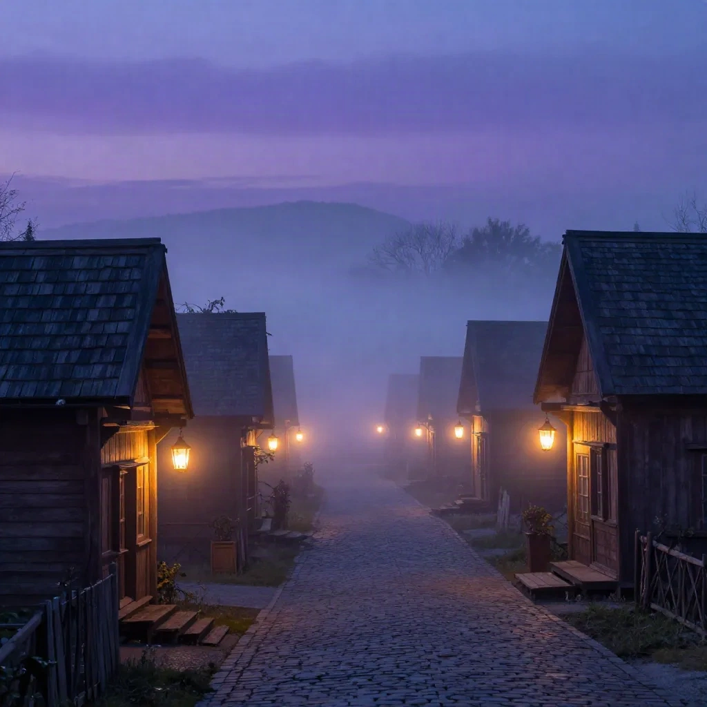 Misty procedural fantasy village at dusk with glowing lanterns and cobblestone streets