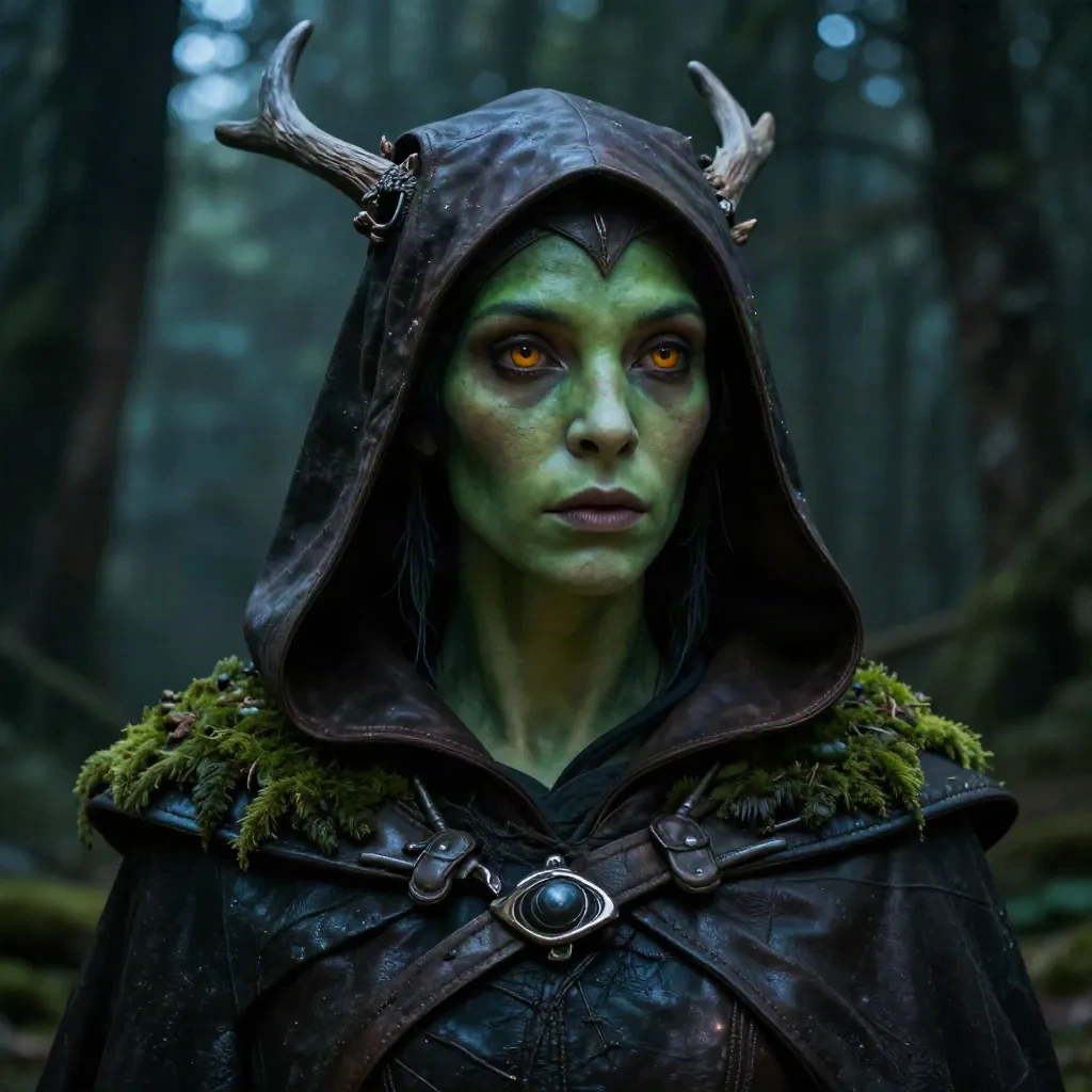 A hooded green-skinned fantasy character with an antler crest in a twilight forest