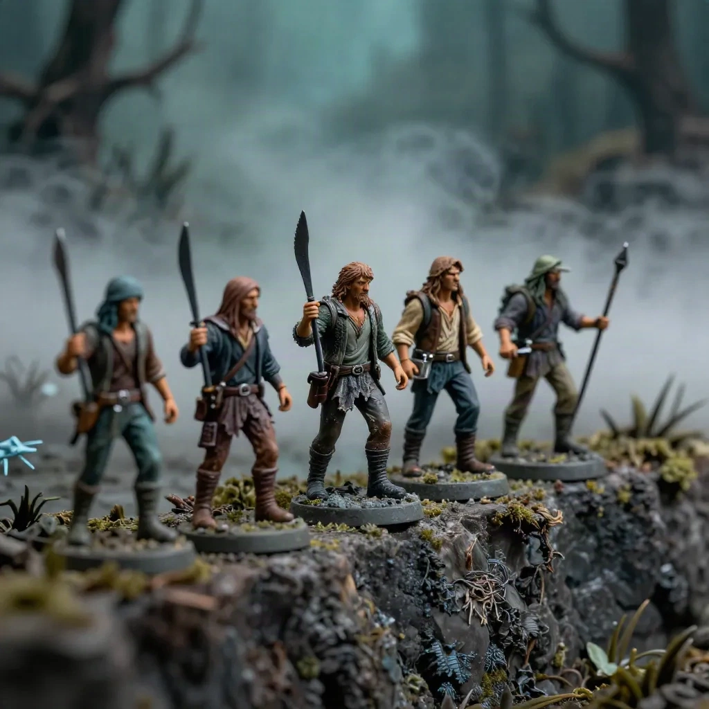 Painted tabletop miniatures of an adventuring party at the edge of a foggy swamp