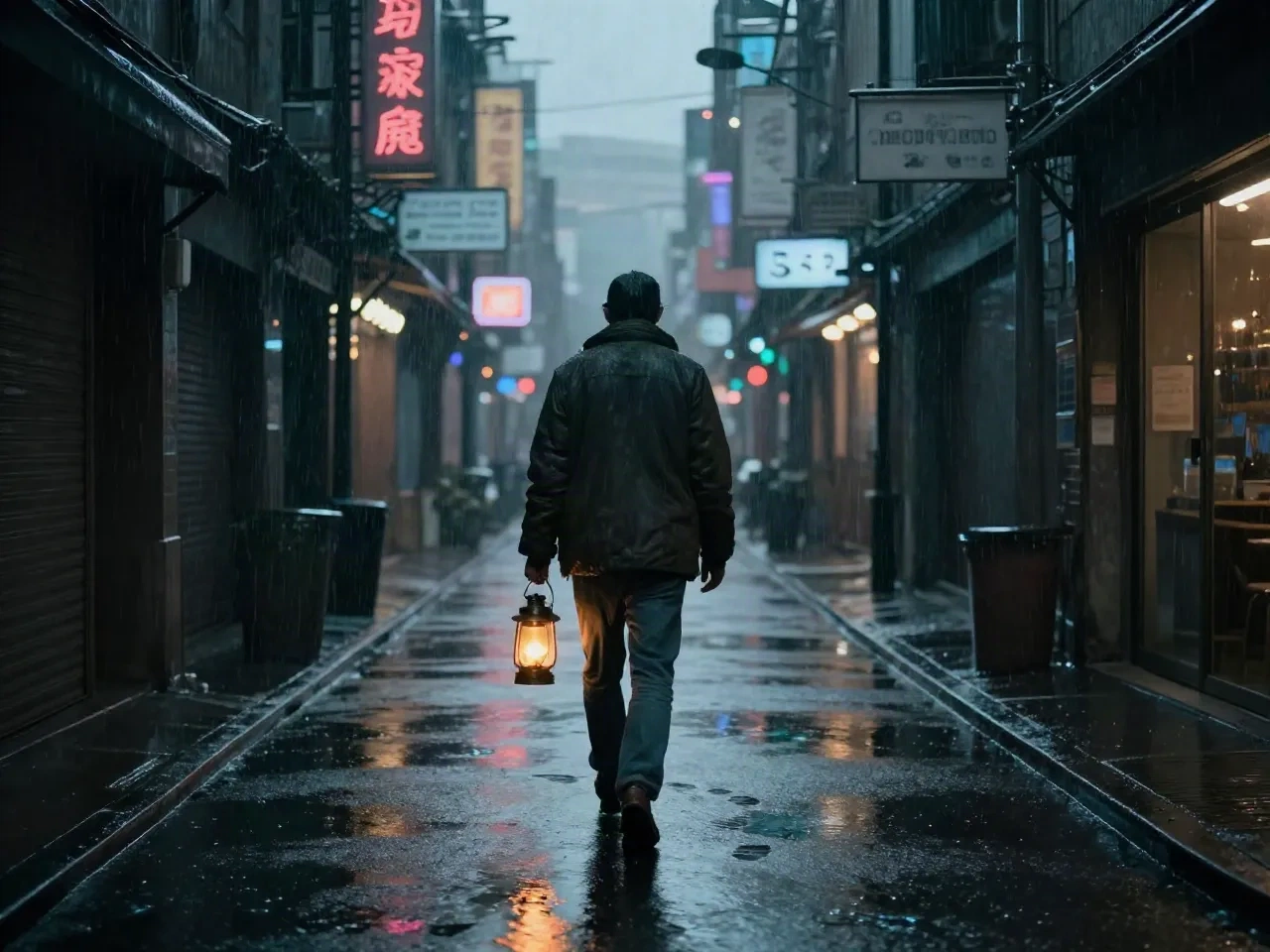 A figure carrying a lantern walks down a rainy neon alley, a story setting ready to explore