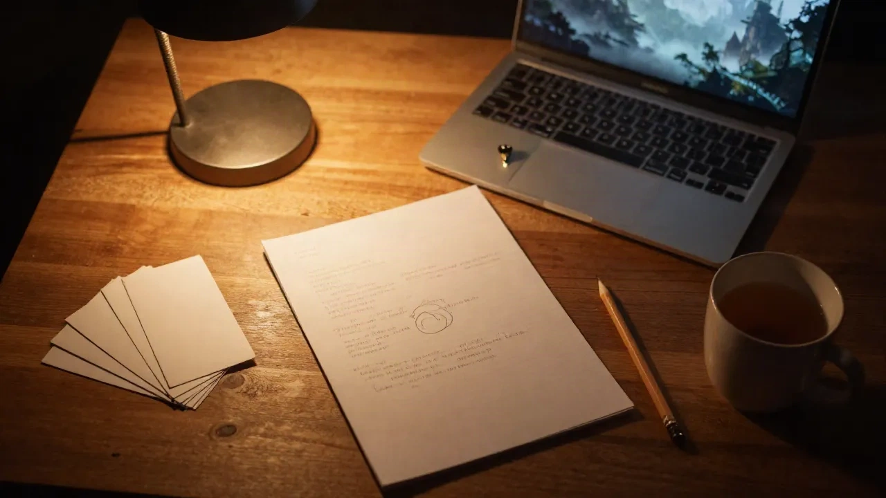 Schreibtisch bei Nacht mit einem einseitigen Game Design Document, Karteikarten und einem Laptop mit nebliger Fantasiewelt
