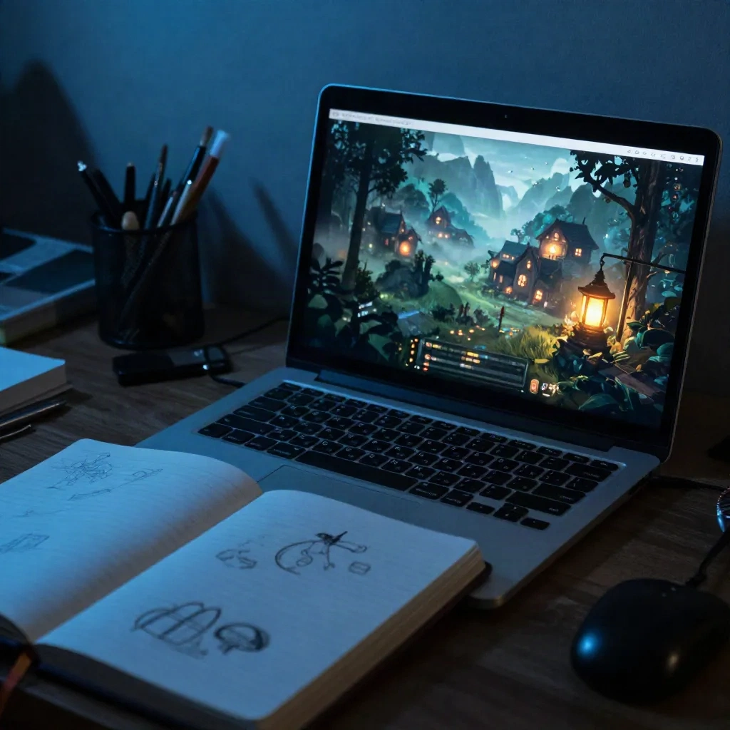 Laptop met een gegenereerd mistig dorp naast een notitieboek met ontwerpschetsen