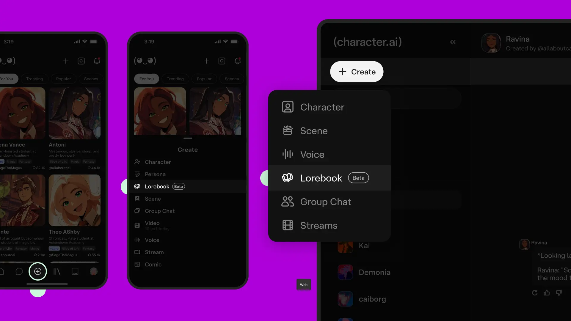 Character.AI Create menu on mobile and web listing Character, Scene, Voice, Lorebook (Beta), Group Chat and Streams