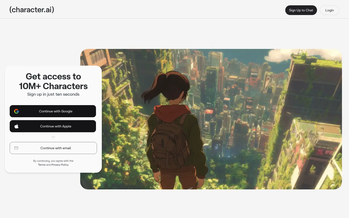 Strona główna Character.AI: karta rejestracji nad ilustracją, z nagłówkiem 10M+ Characters