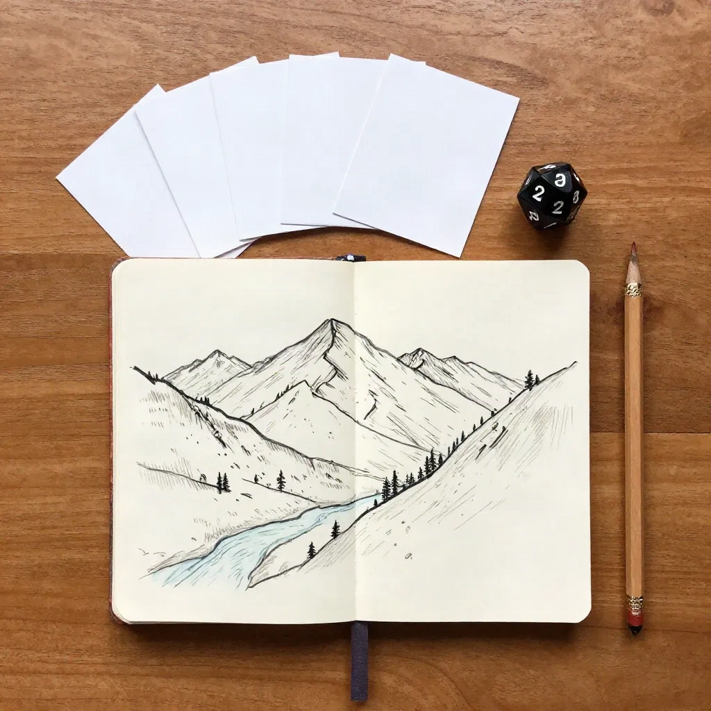 Notebook sketch of a mountain valley with index cards and a d20 for planning a campaign