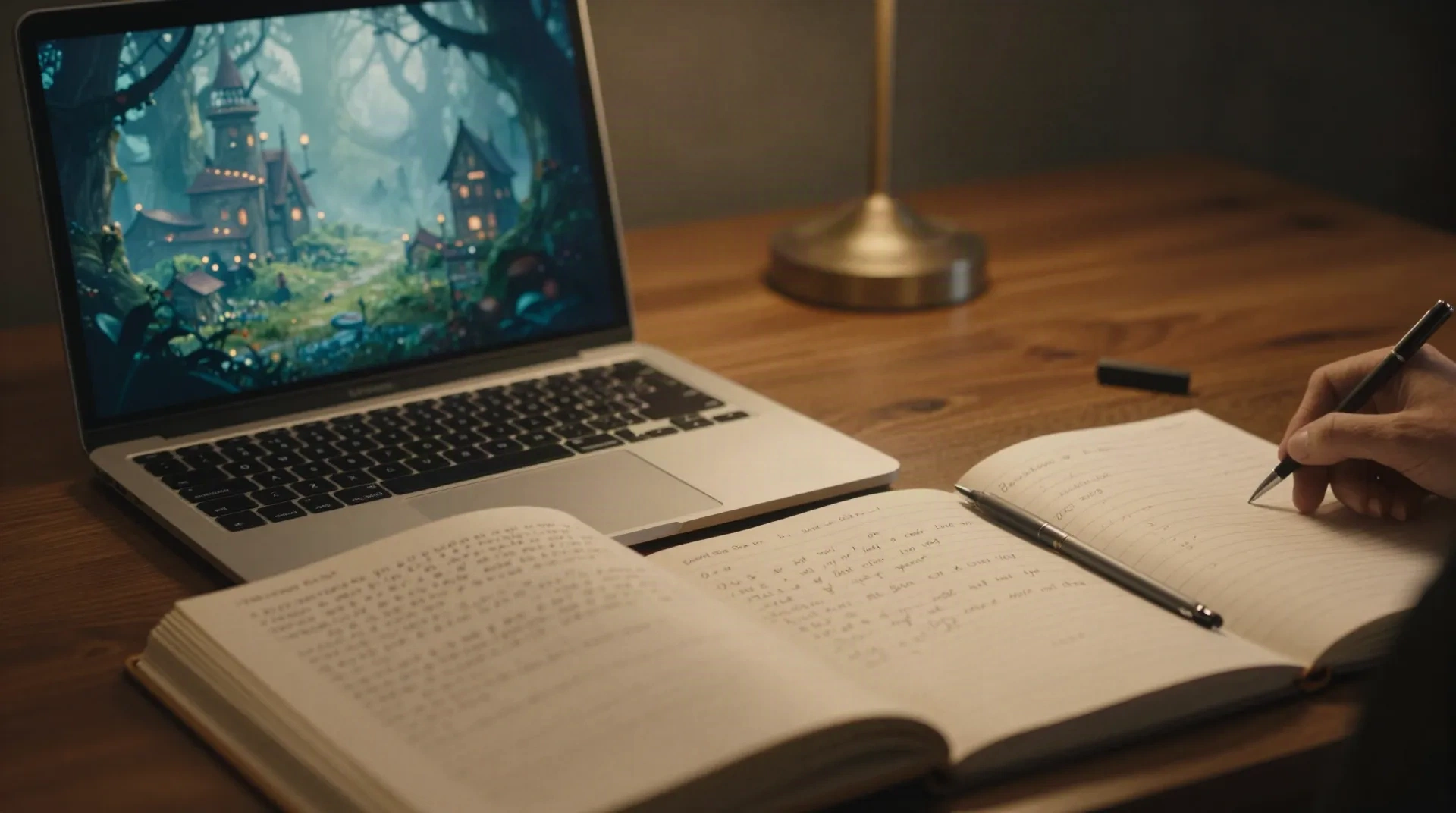 Ein offenes Notizbuch neben einem Laptop mit einer erkundet­baren Fantasy-Waldwelt