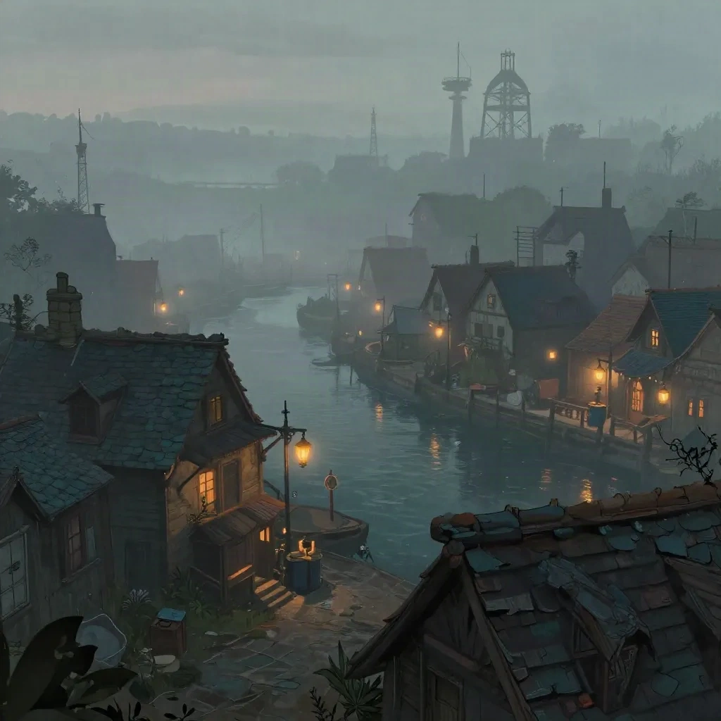 A foggy lantern-lit harbor town at dusk, a generated world for a tabletop campaign