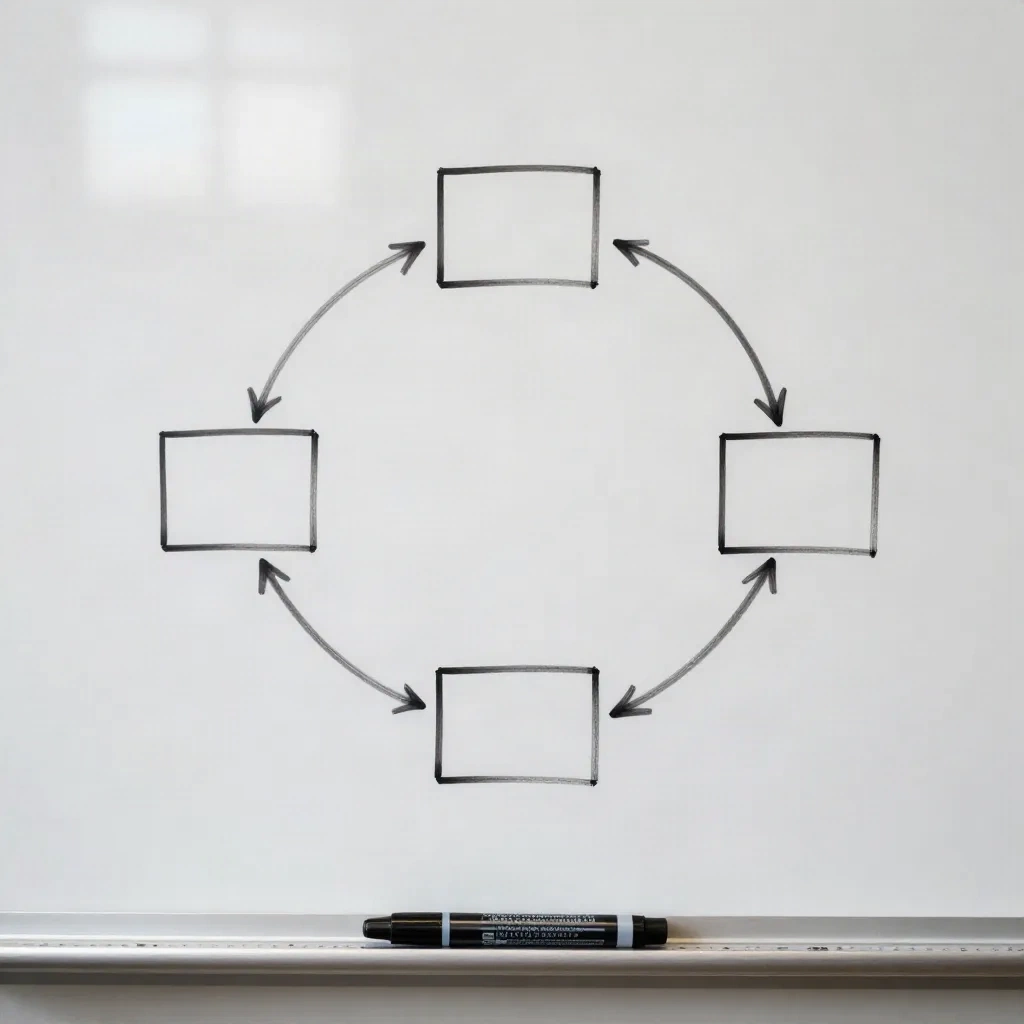 Whiteboardschets van een core loop, vier vakjes verbonden met pijlen