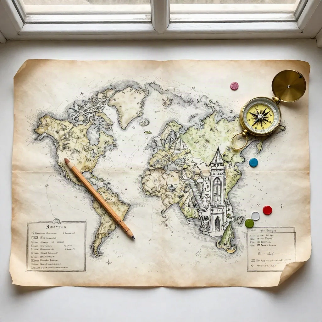 Hand-drawn fantasy map on aged paper with a pencil, brass compass and colored tokens marking one region