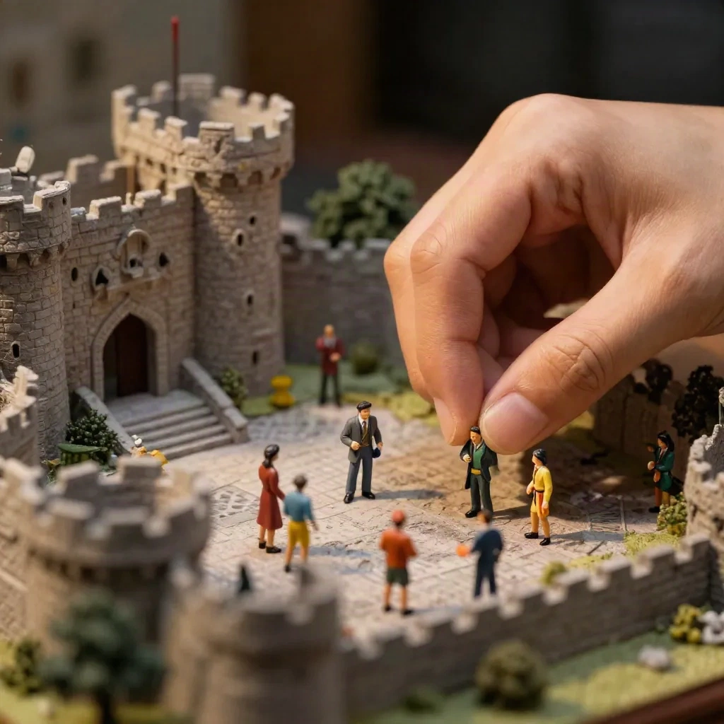 A hand placing a miniature figure into a tabletop castle courtyard diorama