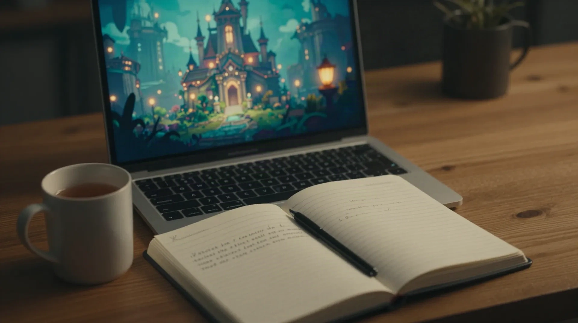 Un taccuino e una tazza di tè accanto a un laptop che mostra un castello fantasy esplorabile