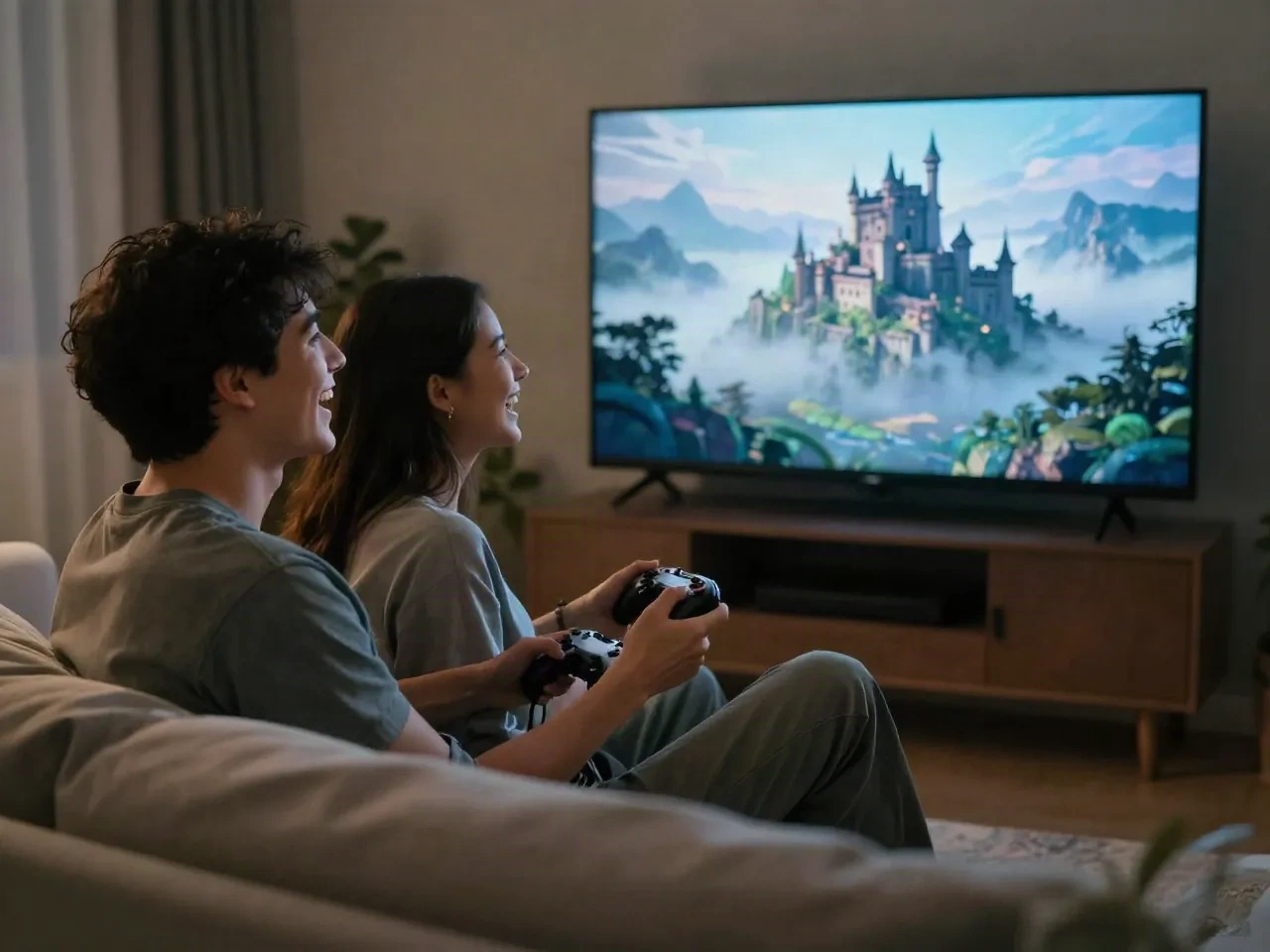 Two friends laughing on a couch playing a shared fantasy castle world on a TV