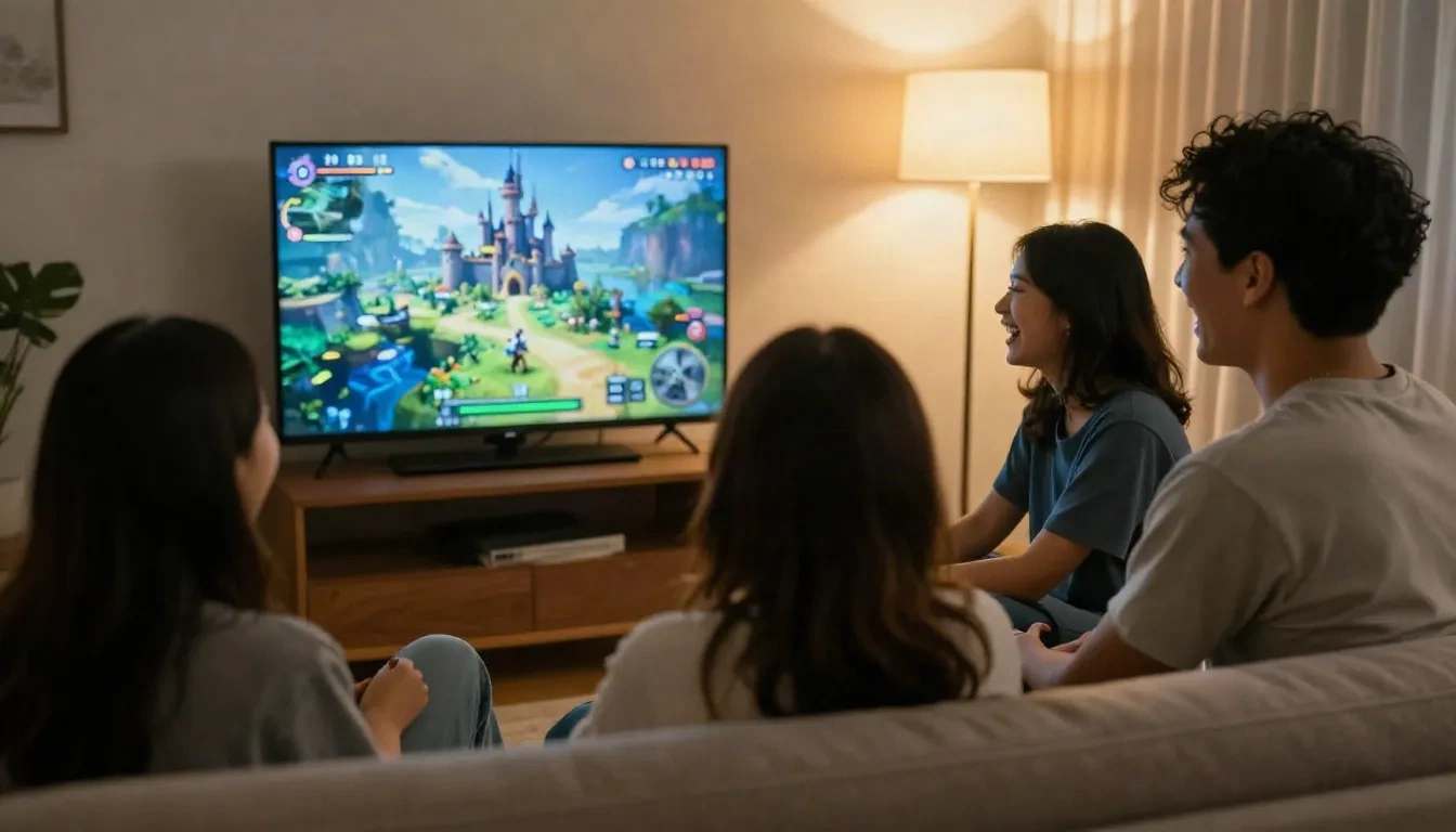 Amici che ridono sul divano mentre una TV mostra un mondo condiviso di castello fantasy