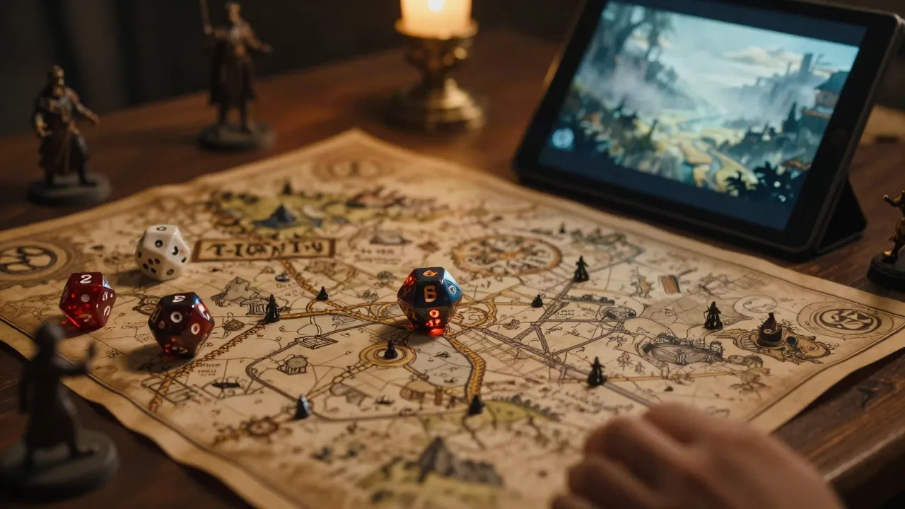 Tavolo da master con una mappa di campagna disegnata a mano, dadi, miniature e un tablet che mostra una valle generata