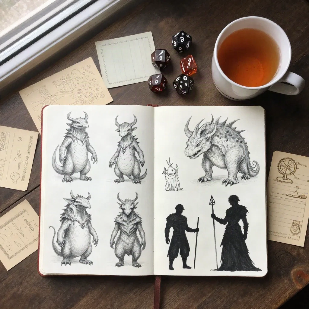 A game master's desk with a sketchbook of creature designs, dice, and index cards