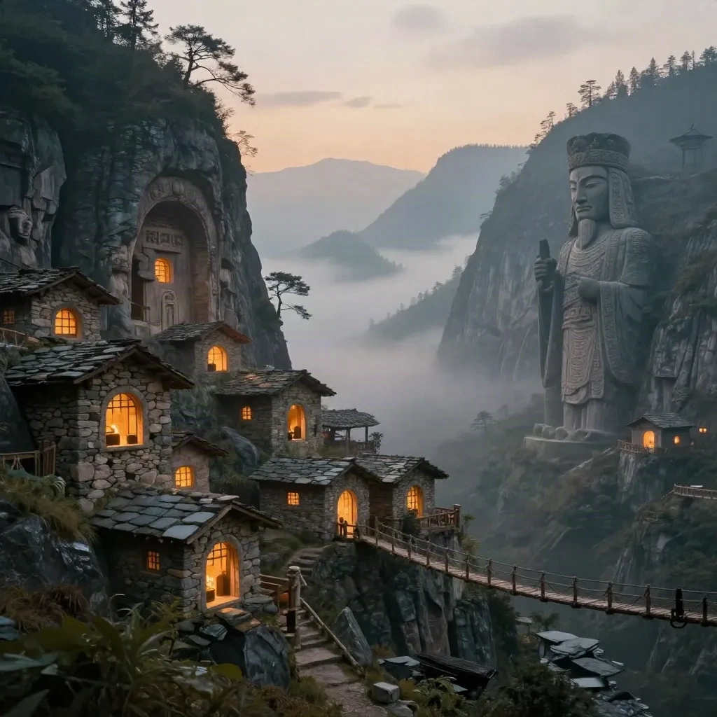 Misty cliffside stone village with a giant carved ancestor statue at dawn