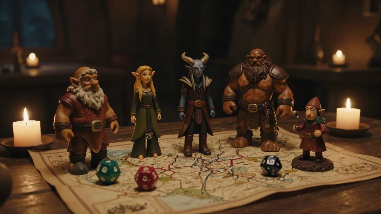 Fünf geschnitzte Fantasy-Figuren eines Zwergs, Elfen, Tieflings, Goliaths und Halblings auf einer handgezeichneten Karte mit Würfeln
